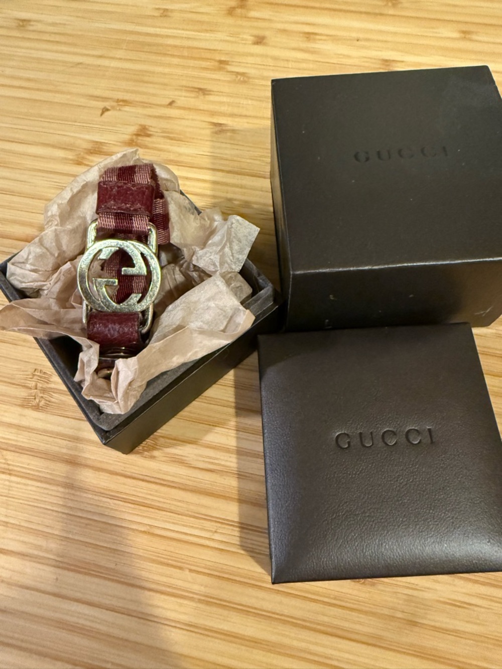 Gucci Burgundy Leather Strap Bracelet with Gold-Tone Interlocking G
